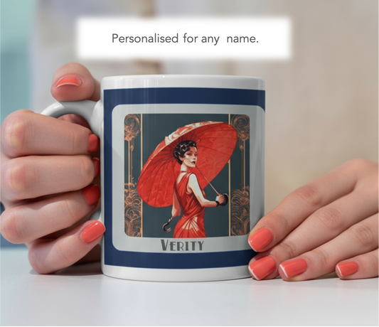 Personalised Art Deco Mug Gift – Elegant 1920s Lady in Red with Parasol