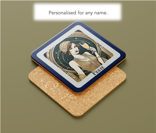 Personalised Art Deco Coaster Gift: 1920s Flapper Champagne Design