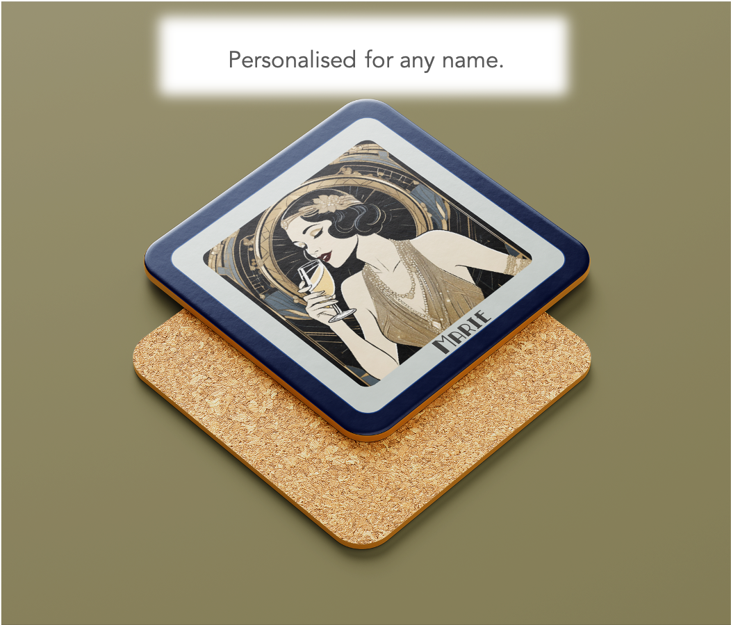 Personalised Art Deco Coaster – 1920s Glam Golden Lady with Champagne