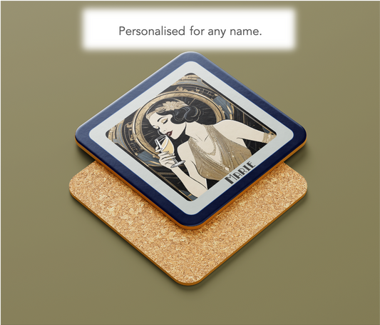 Personalised Art Deco Coaster – 1920s Glam Golden Lady with Champagne