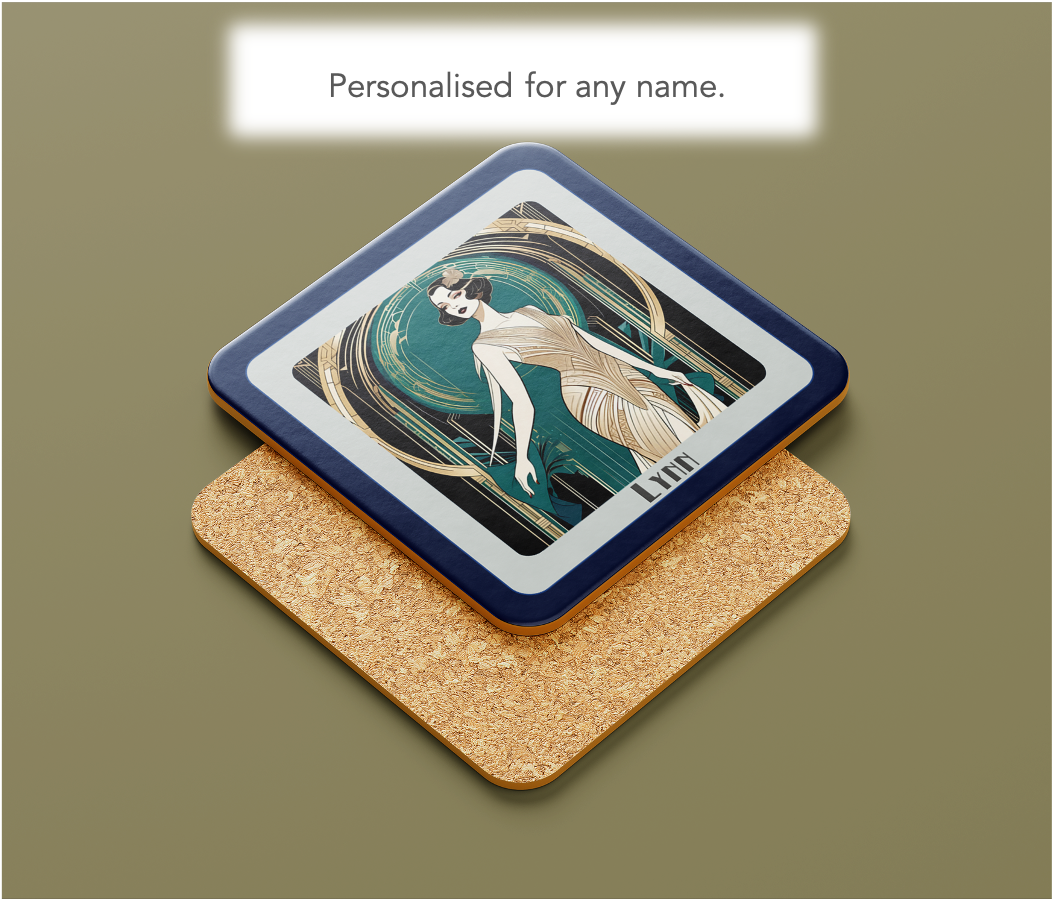 Personalised Art Deco Coaster Gift – Elegant Flapper Lady in Gold Dress