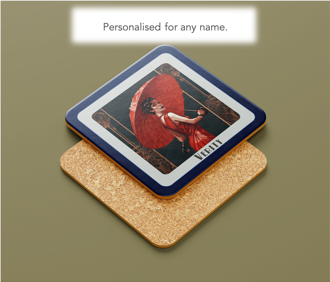 Personalised Art Deco Coaster Gift – Lady in Red Dress with Parasol