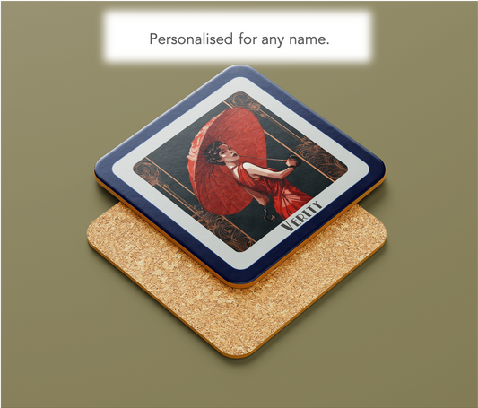 Personalised Art Deco Coaster Gift – Lady in Red Dress with Parasol