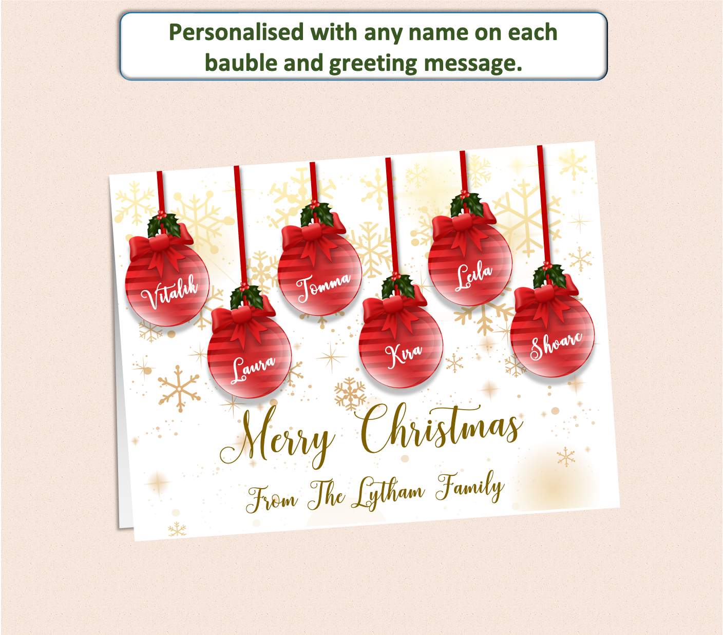 Personalised Christmas card of baubles each printed with the name of a recipient.