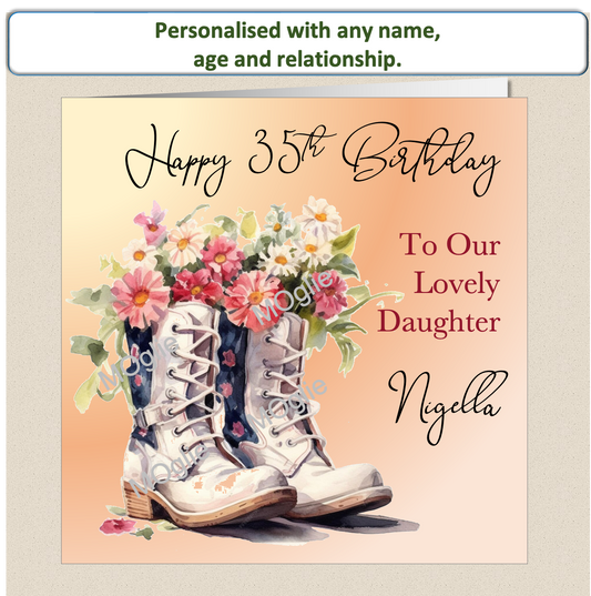 birthday card with walking boot filled with colourful flowers. Floral bloom. Elegant scroll text