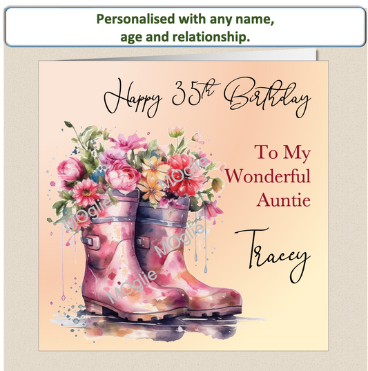 birthday card with walking boot filled with colourful flowers. Floral bloom. Elegant scroll text