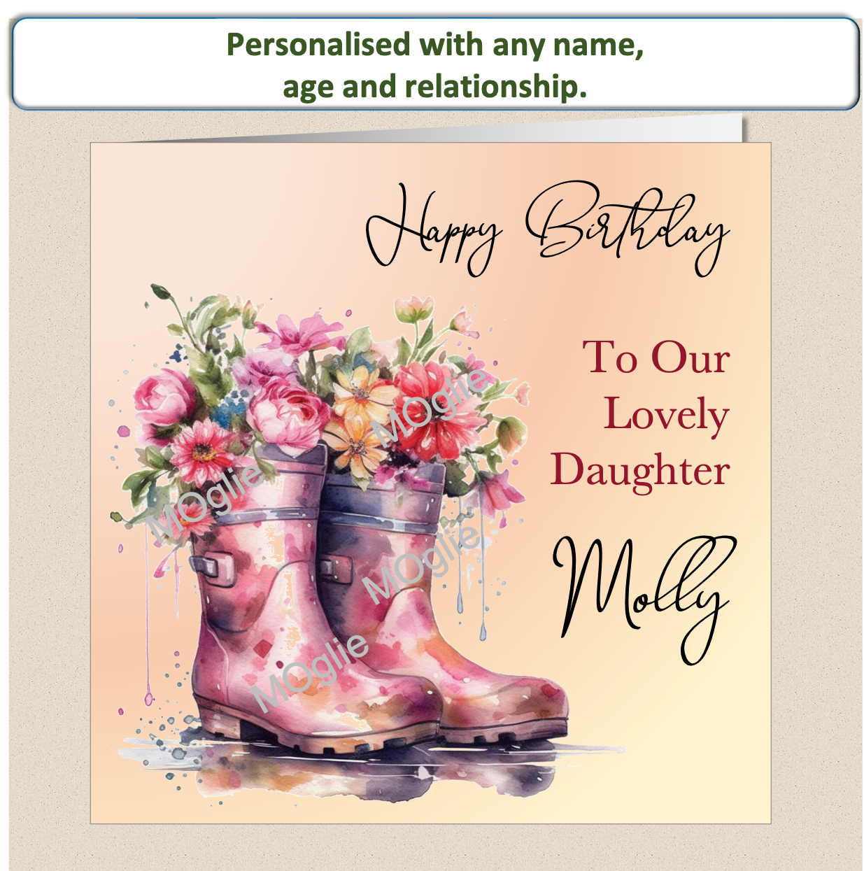 birthday card with walking boot filled with colourful flowers. Floral bloom. Elegant scroll text