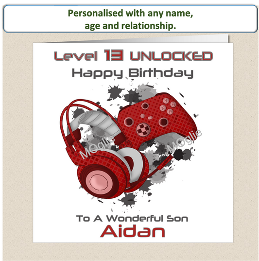 Personalised Teenager Gamer Gaming Birthday Card - Red