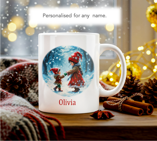 Personalised Christmas Mug: Girl Dancing with Festive Elf