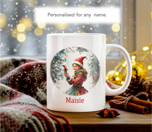 Personalised Christmas Mug: Girl with Festive Elf