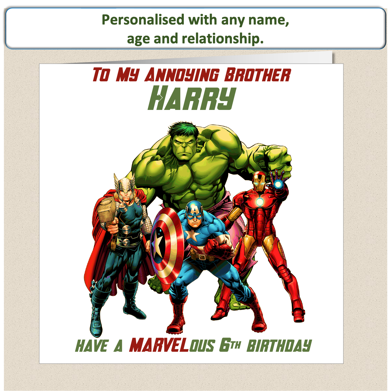 Personalised Marvel Characters Birthday Card - age 4 - 8