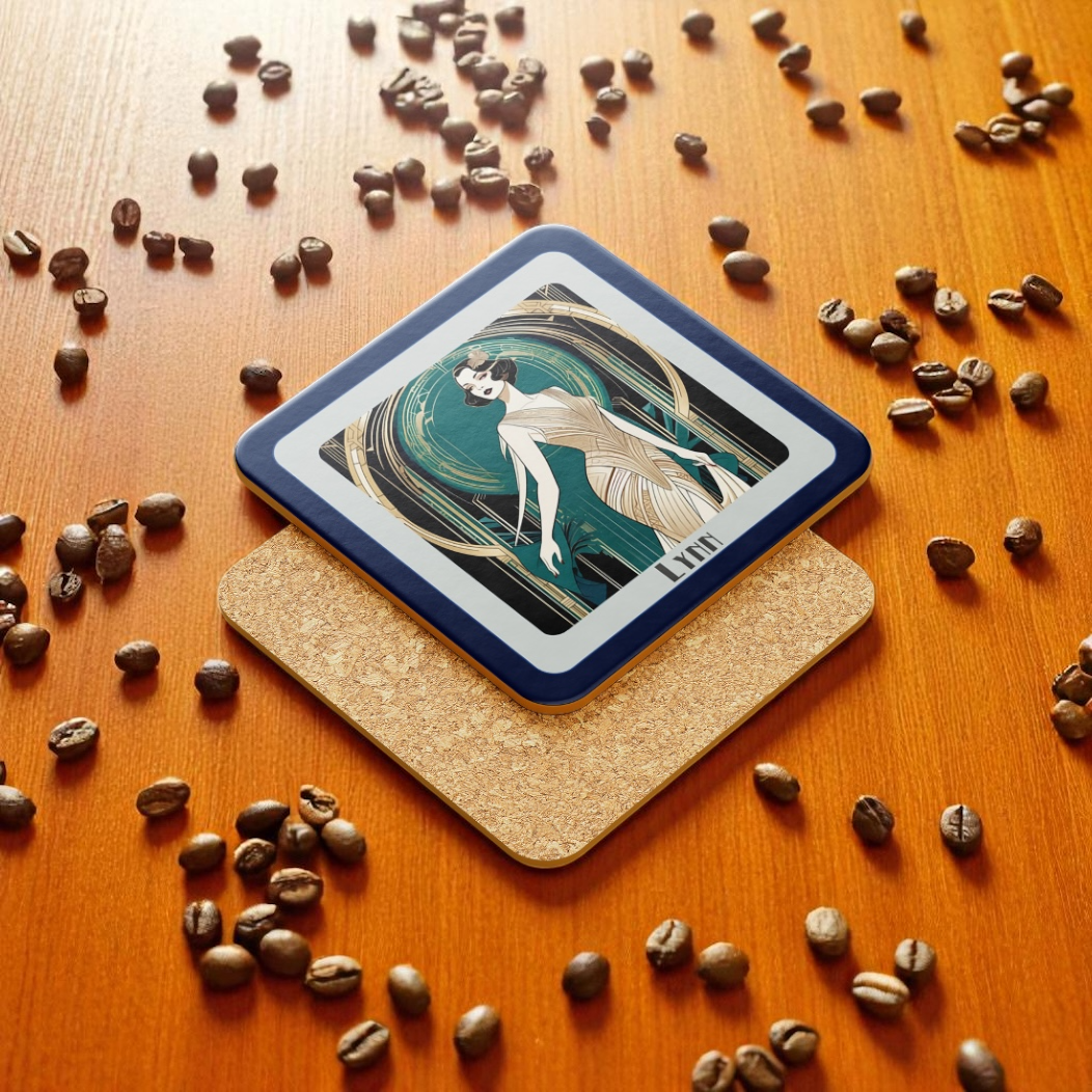 Personalised Art Deco Coaster Gift – Elegant Flapper Lady in Gold Dress