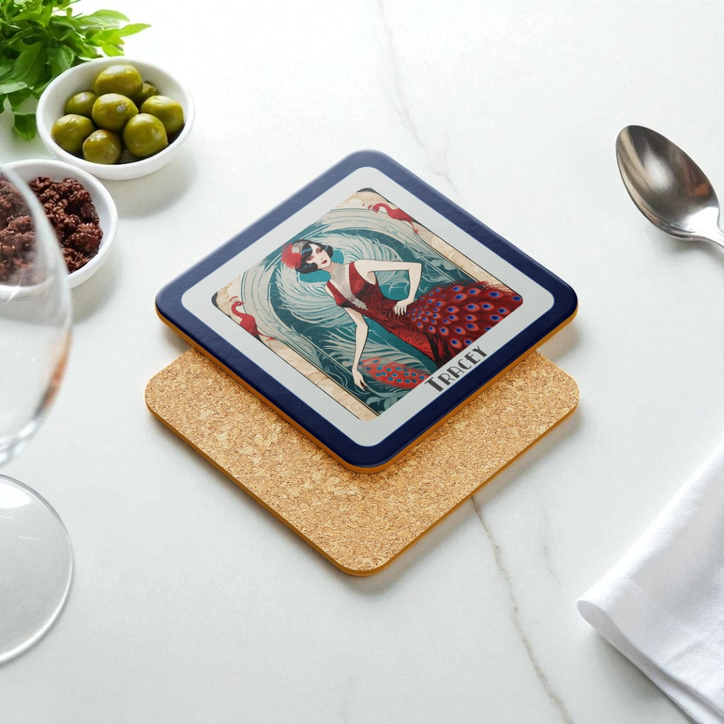 Personalised Art Deco Coaster Gift – Glamorous Lady in Red Peacock Dress