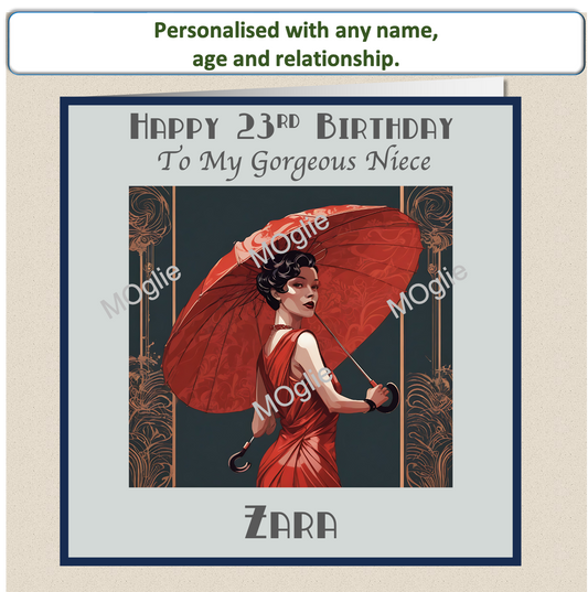 art deco lady, red peacock flapper dress, elegant vintage retro style.