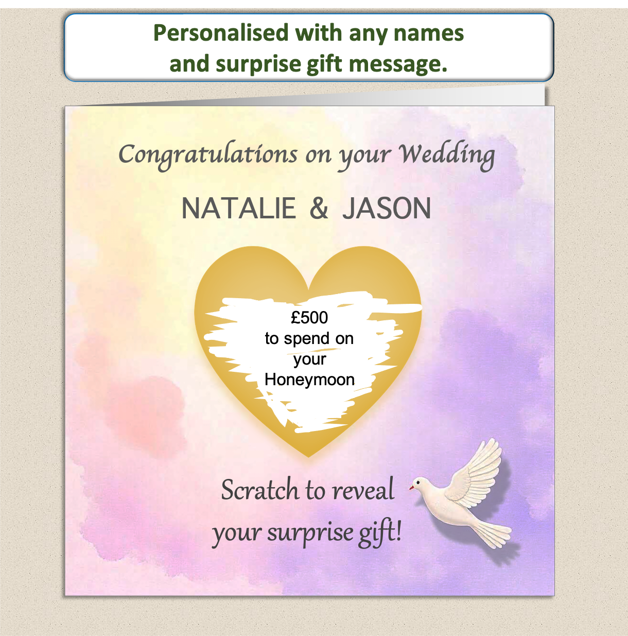 Scratch to reveal heart panel with a soft pastel background and a white dove