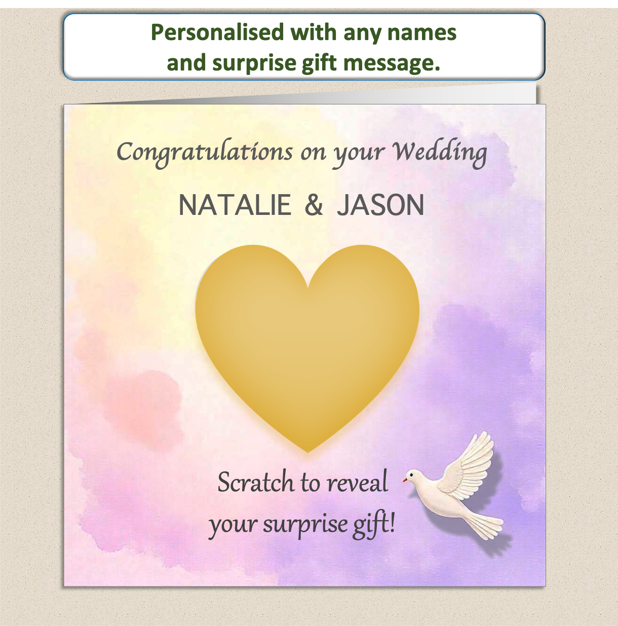 Scratch to reveal heart panel with a soft pastel background and a white dove