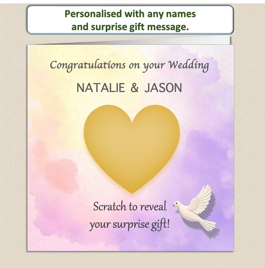 Scratch to reveal heart panel with a soft pastel background and a white dove