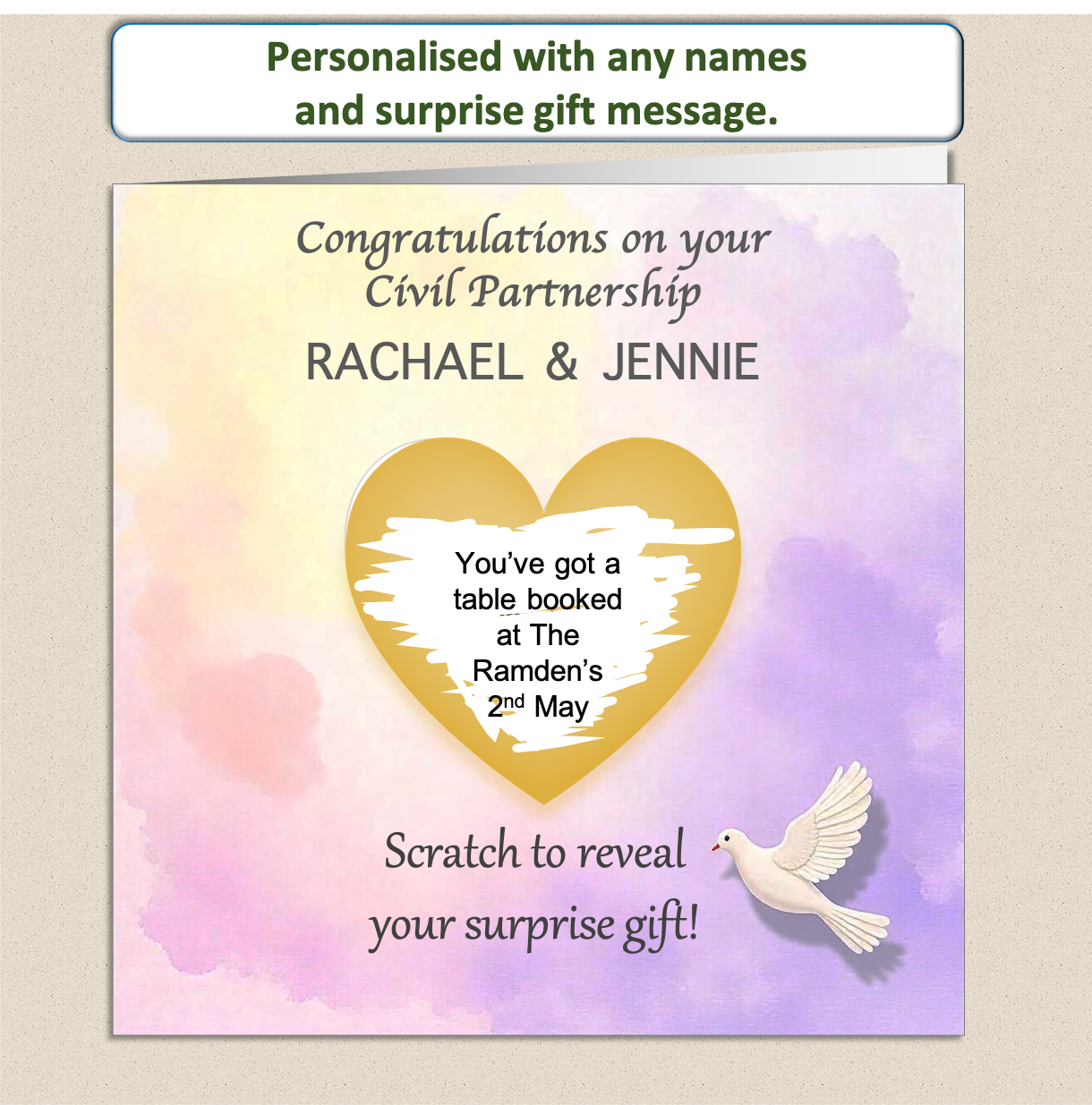 Scratch to reveal heart panel with a soft pastel background and a white dove