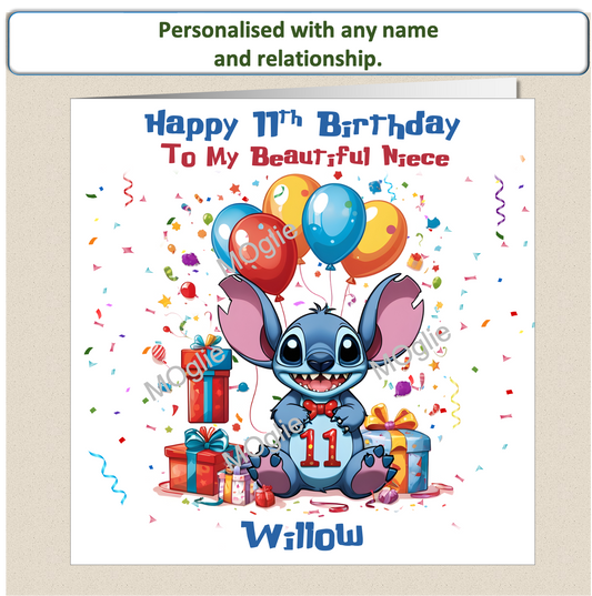 Personalised Lilo and Stitch 11th Birthday Cards with name and relationship