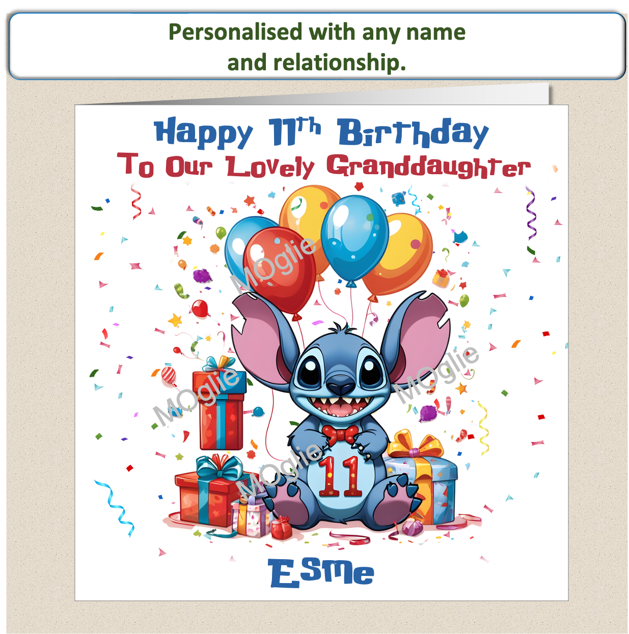 Personalised Lilo and Stitch 11th Birthday Cards with name and relationship