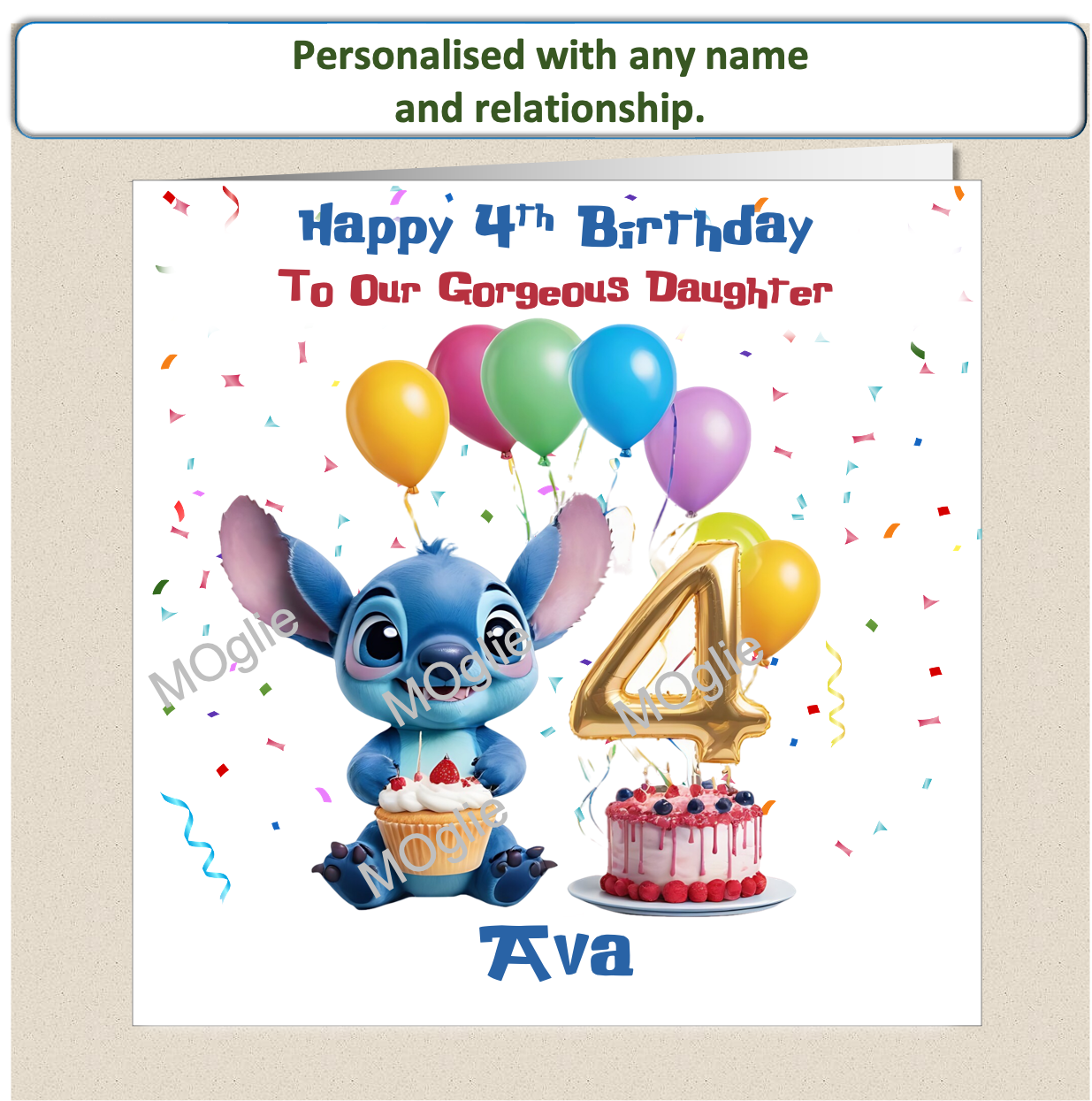 Personalised Lilo and Stitch 4th Birthday Cards with name and relationship