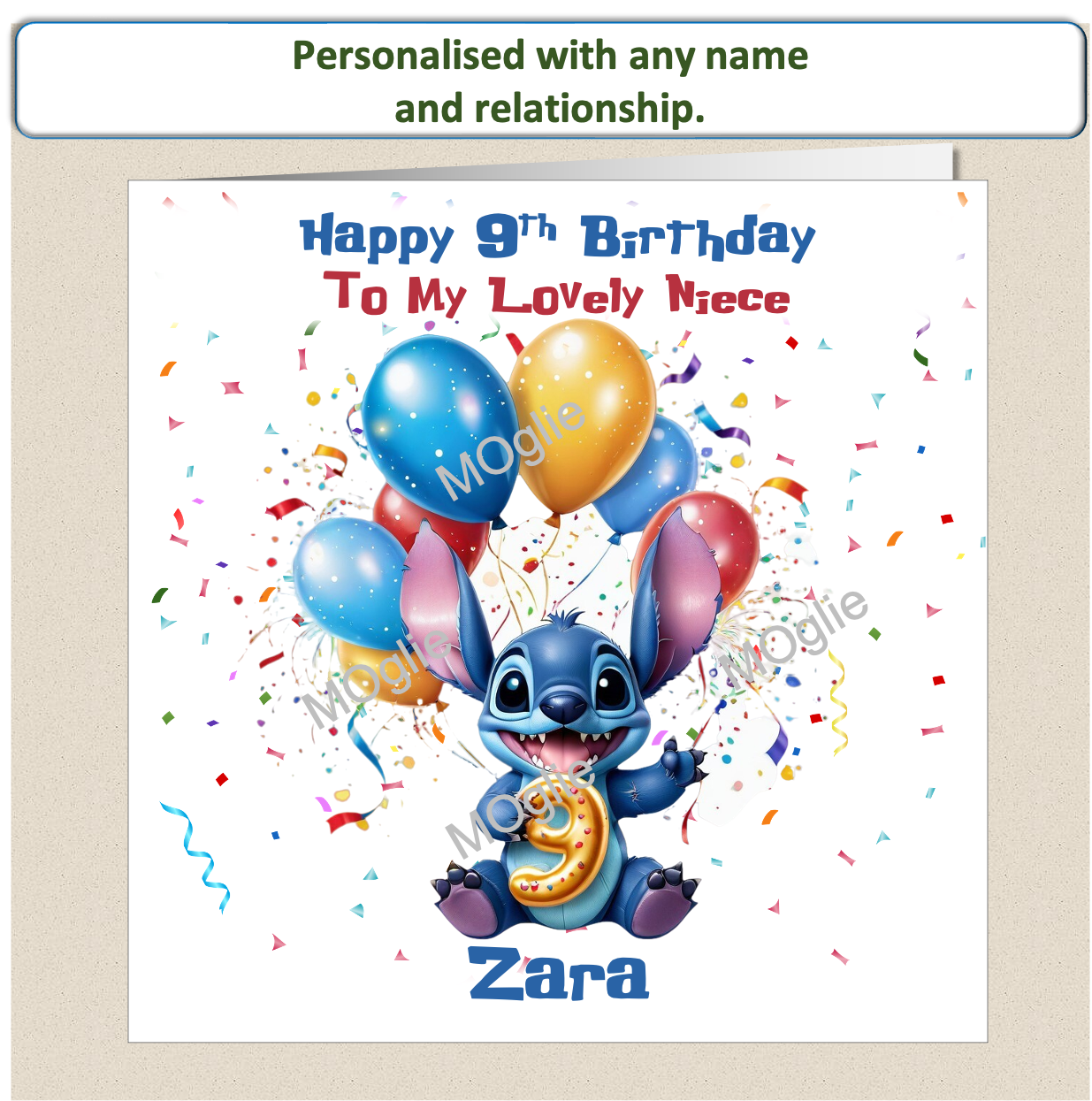 Personalised Lilo and Stitch 9th Birthday Cards with name and relationship