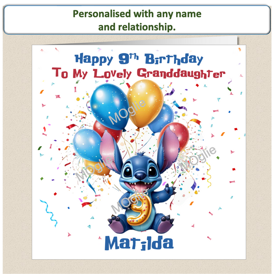 Personalised Lilo and Stitch 9th Birthday Cards with name and relationship