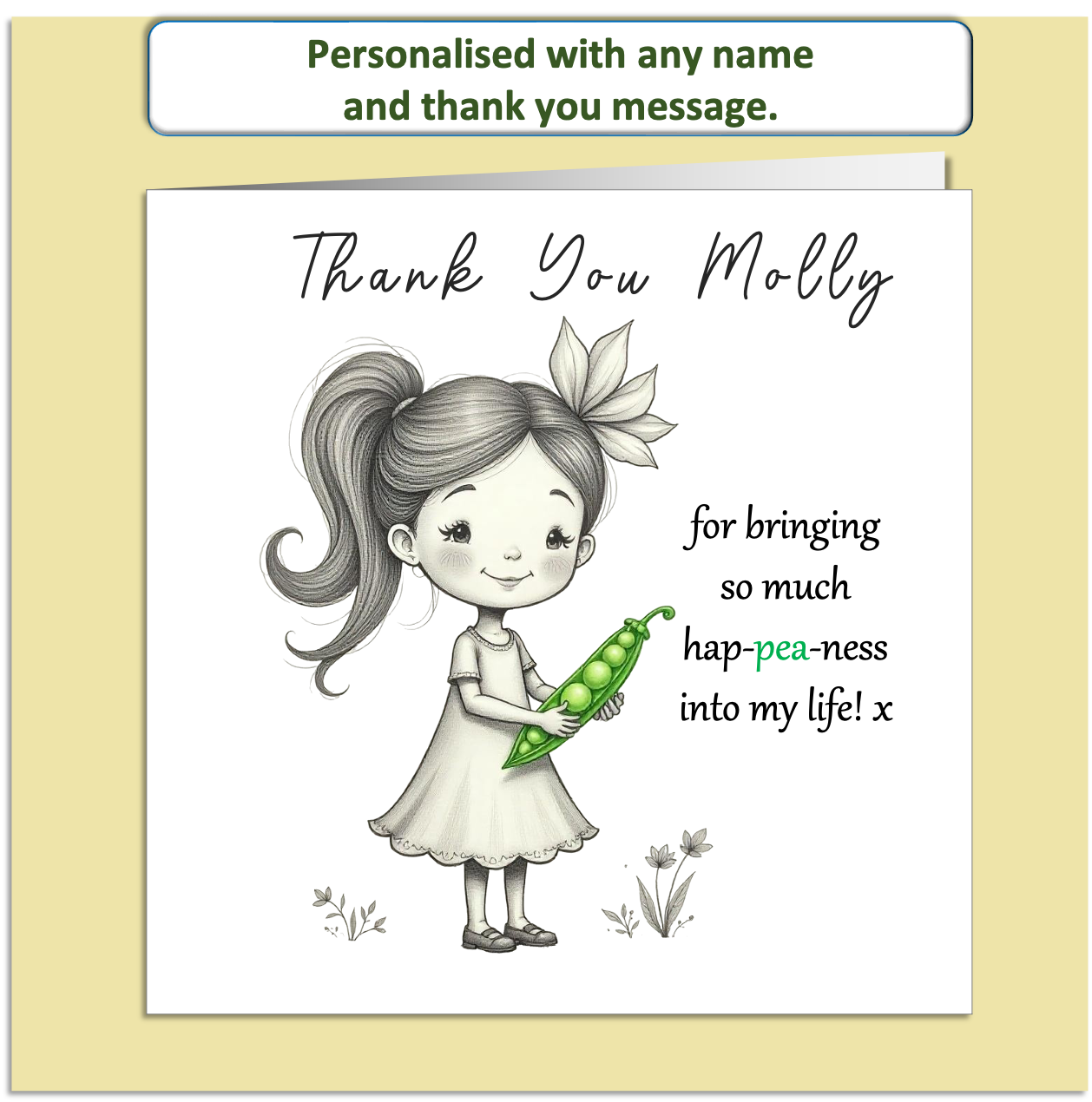 Personalised Thank You Card – Mollie & Doodle Hap-PEA-ness Design – Custom Name & Message
