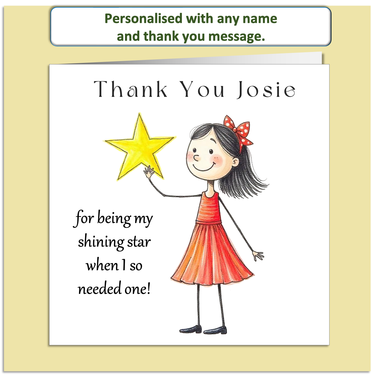 Personalised Thank You Card – Mollie & Doodle Shining Star Girl – Custom Name & Message