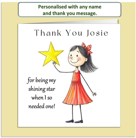 Personalised Thank You Card – Mollie & Doodle Shining Star Girl – Custom Name & Message