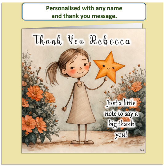 Personalised Thank You Card – Mollie & Doodle Character – Custom Name & Message