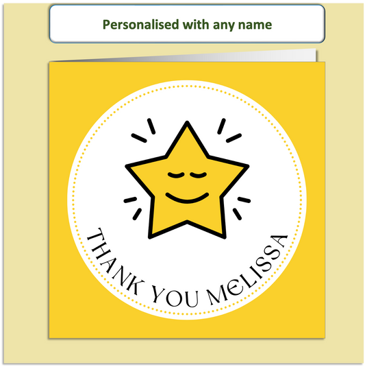 Personalised Thank You Card – Smiling Star Design – Custom Name