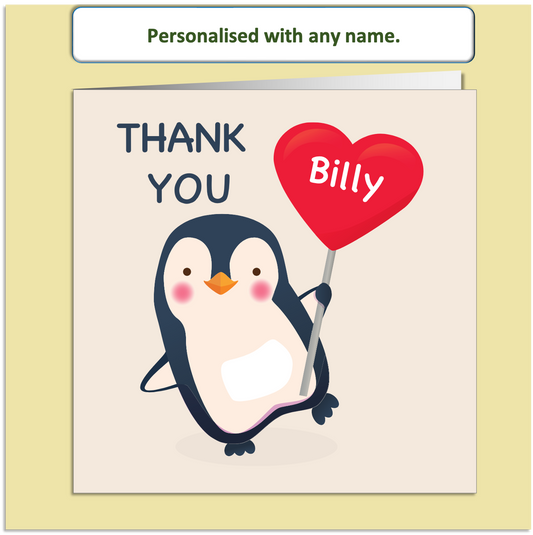 Personalised Penguin Thank You Card – Custom Name Heart Balloon