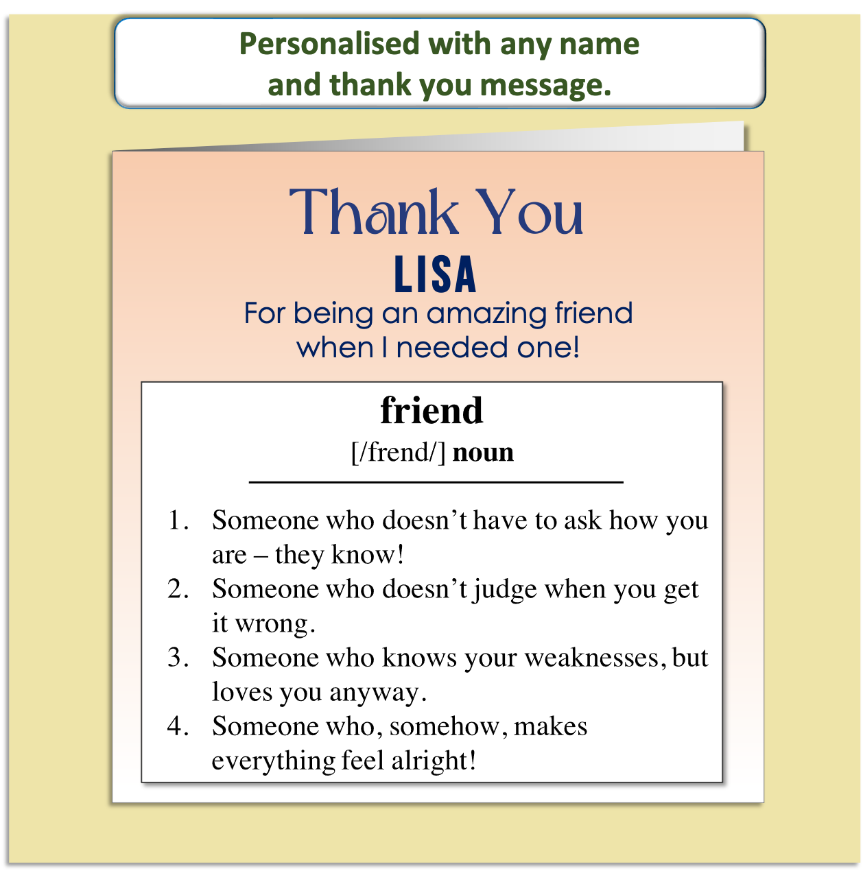 Personalised Thank You Card – Friendship Definition Design – Custom Name & Message