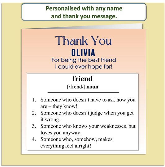 Personalised Thank You Card – Friendship Definition Design – Custom Name & Message