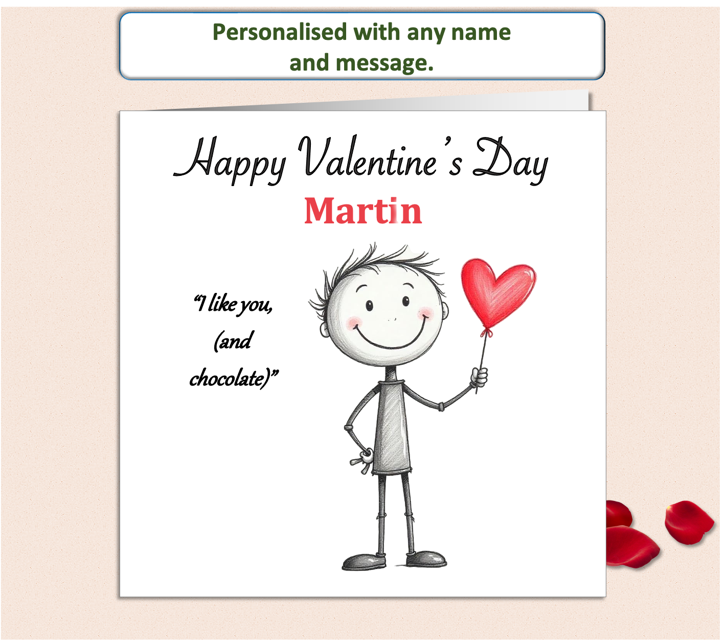 valentines card with a pencil sketch male holding a red heart and saying I like you and chocolate