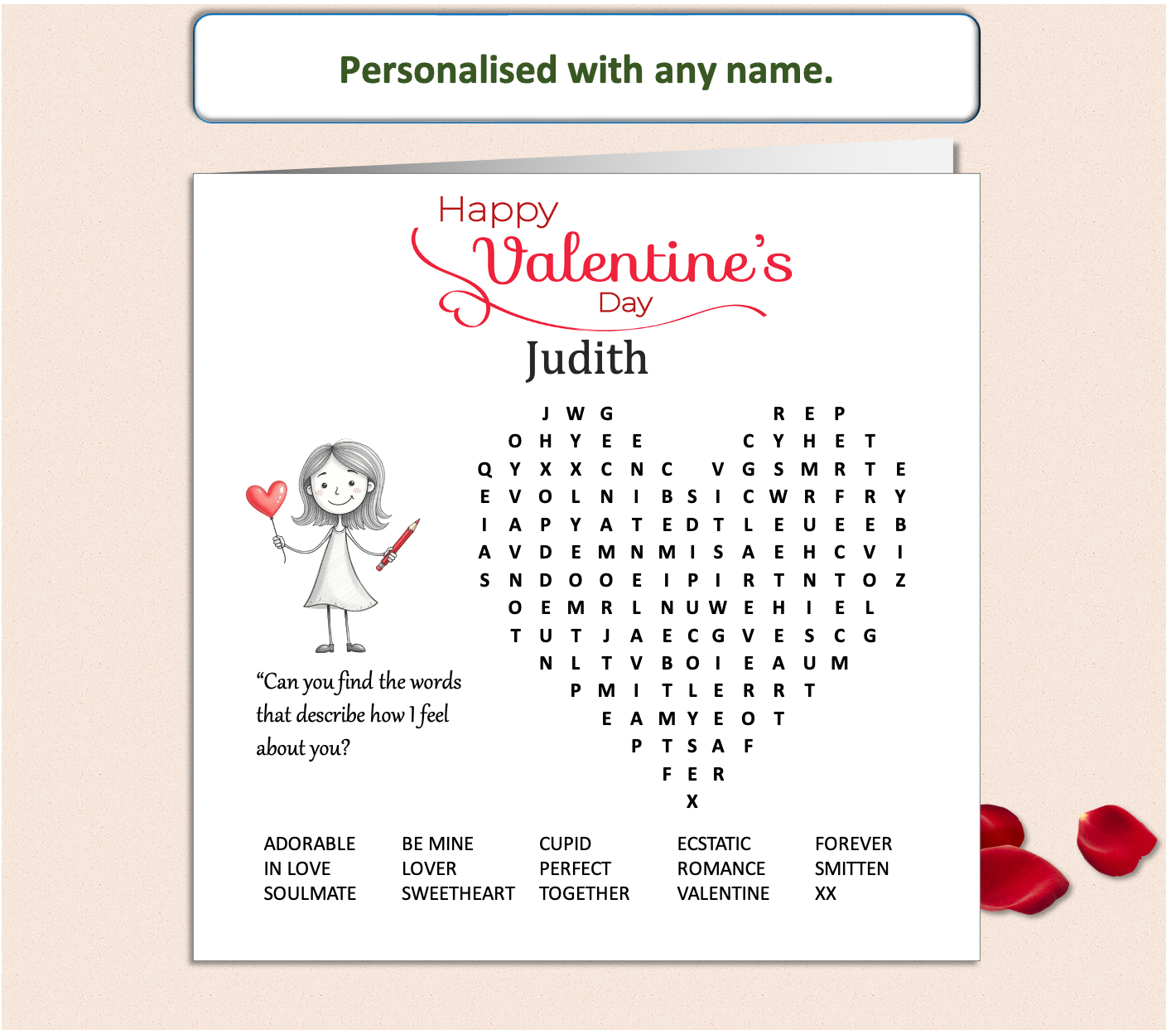 Personalised 'Mollie and Doodle' Wordsearch Valentine Card - Mollie