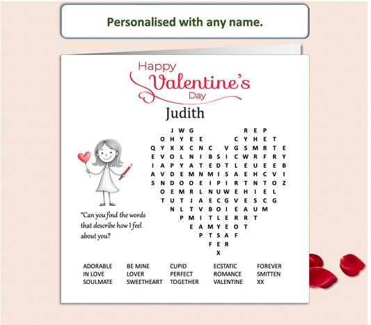 Personalised 'Mollie and Doodle' Wordsearch Valentine Card - Mollie