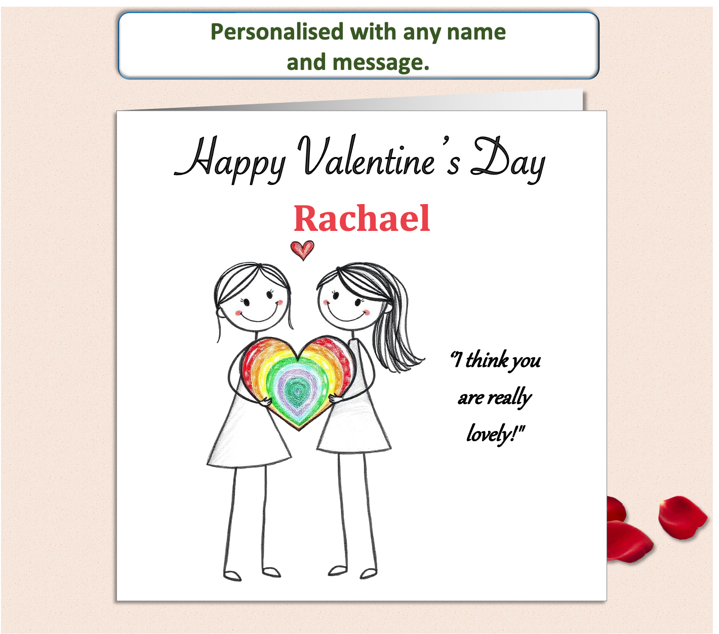 Personalised 'Mollie and Doodle' LGBTQ+ Female Valentine Card - rainbow heart