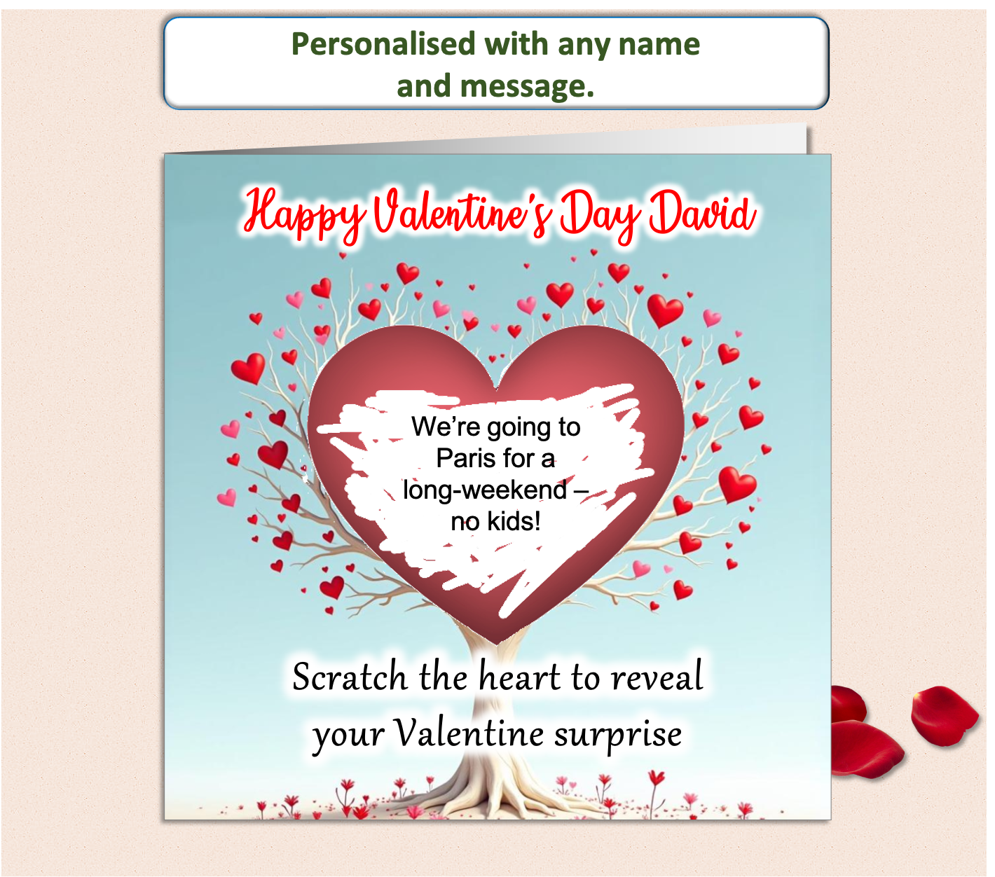 valentines card of a red heart hanging from a heart tree. The heart is scratched off to reveal a surprise gift or romantic message. Personalised with the recipient's name.