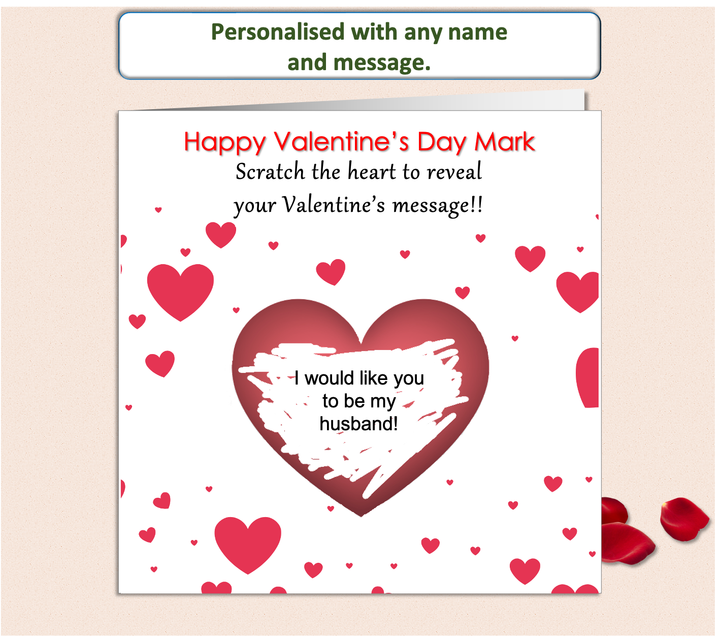 valentines card of a red heart that is scratched off to reveal a surprise gift or romantic message. Personalised with the recipient's name.