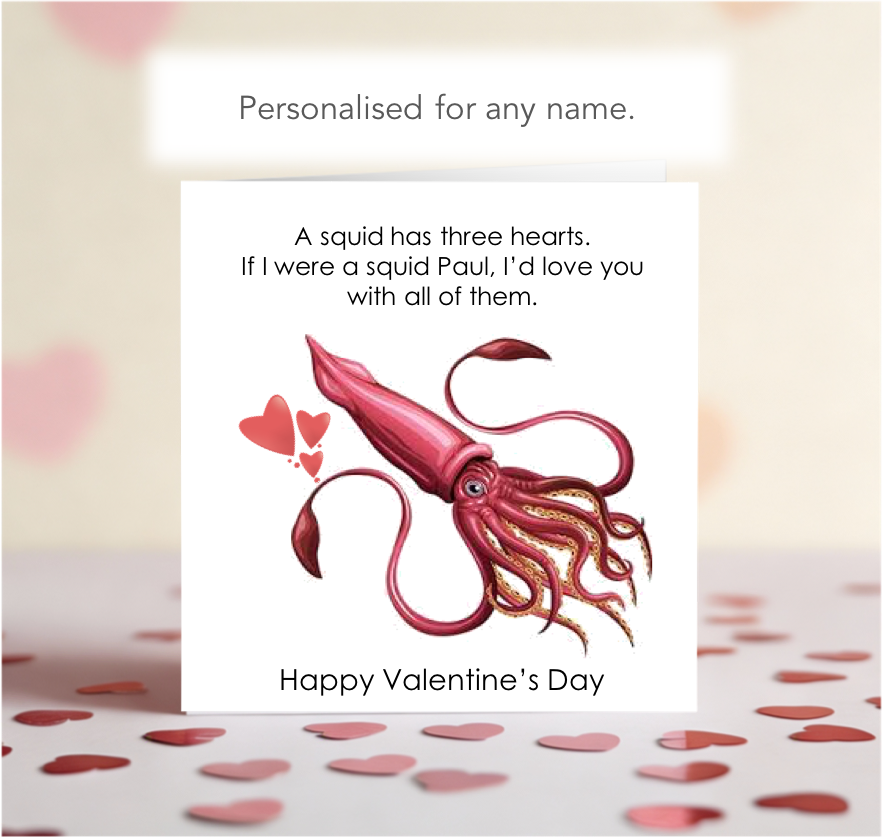 Personalised Squid Three Hearts Valentine Card