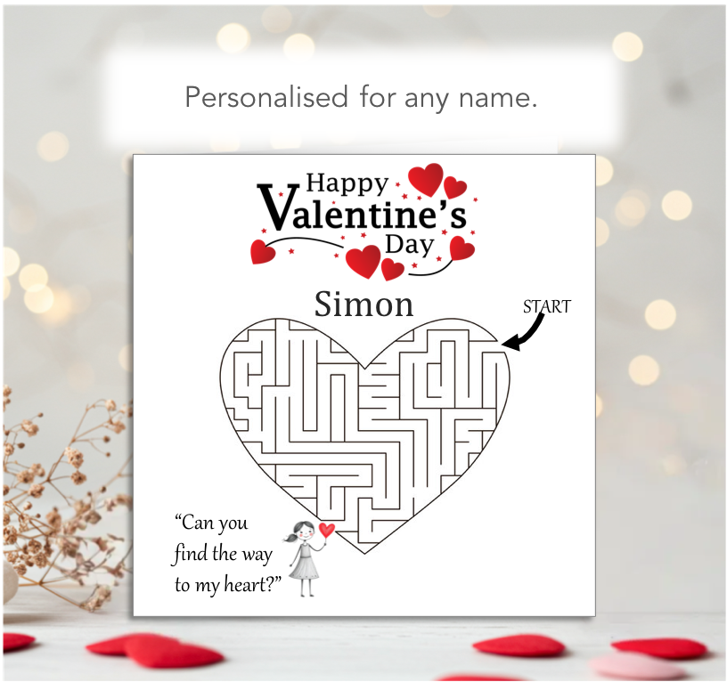 Personalised 'Mollie and Doodle' Maze Valentine Card - find way to my heart