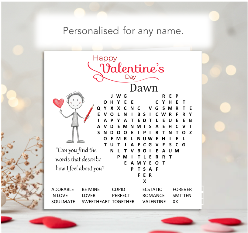 Personalised 'Mollie and Doodle' Wordsearch Valentine Card - Doodle