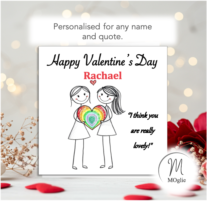 Personalised 'Mollie and Doodle' LGBTQ+ Female Valentine Card - rainbow heart