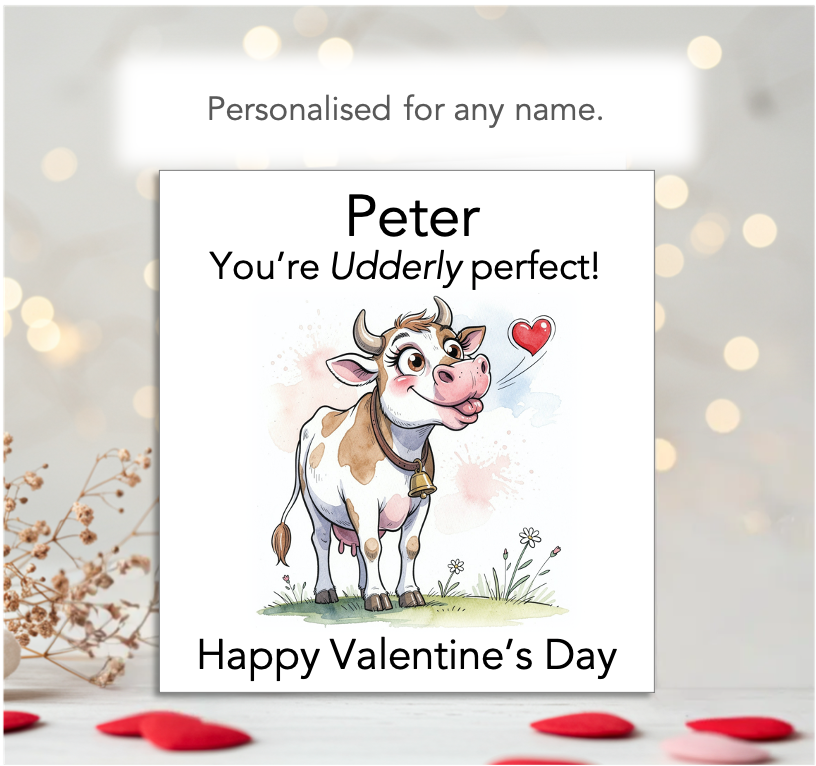 Personalised Valentine’s Card – “You’re Udderly Perfect!” – Add Any Name