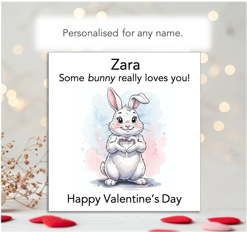 Personalised Bunny Valentine’s Day Card – Cute Rabbit Design with Name