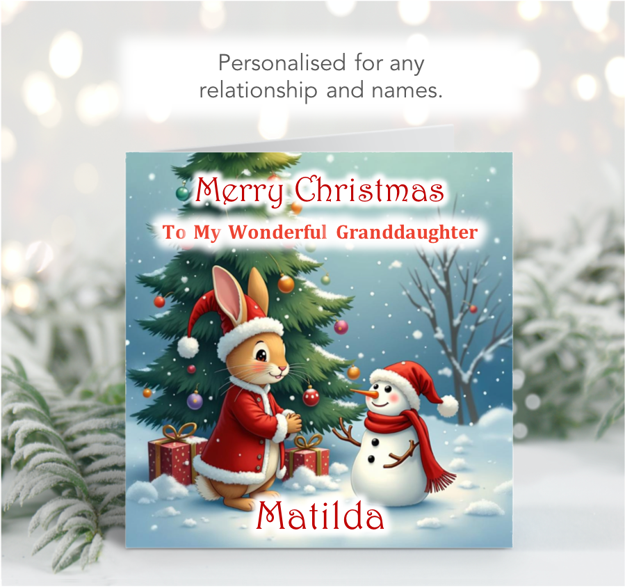 Personalised Christmas Rabbit and Snowman Card