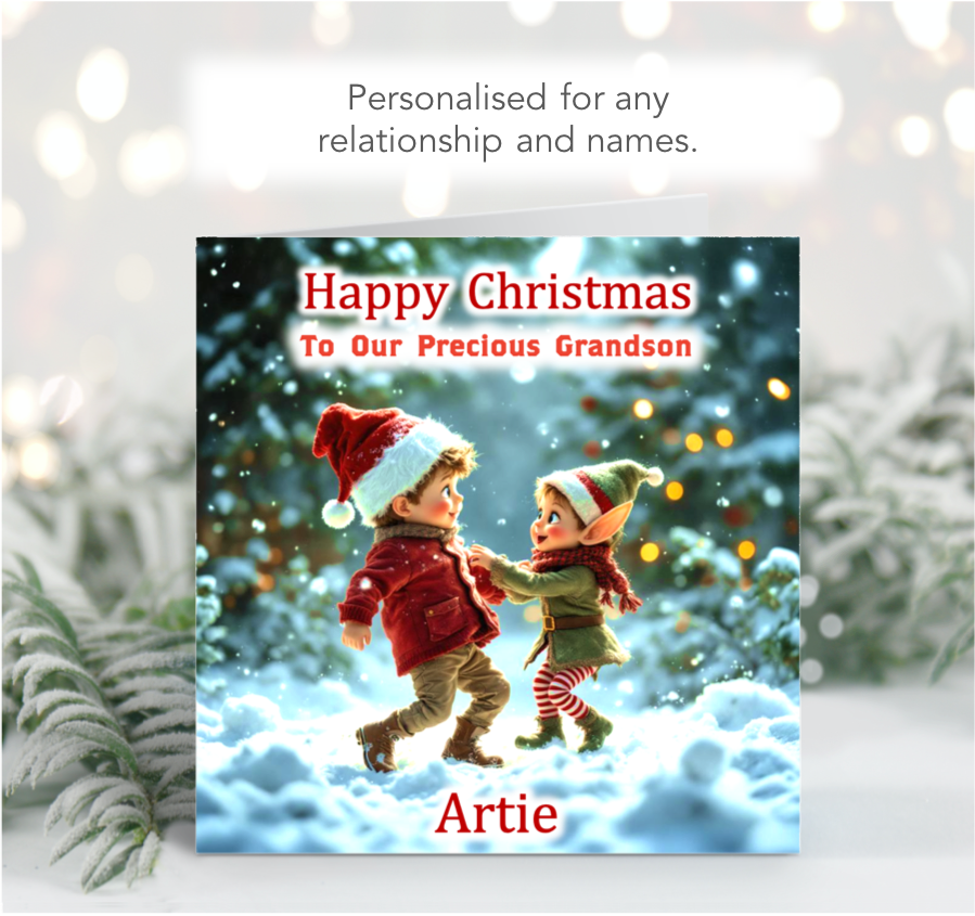 Personalised Christmas Card - Young Boy dancing with Elf
