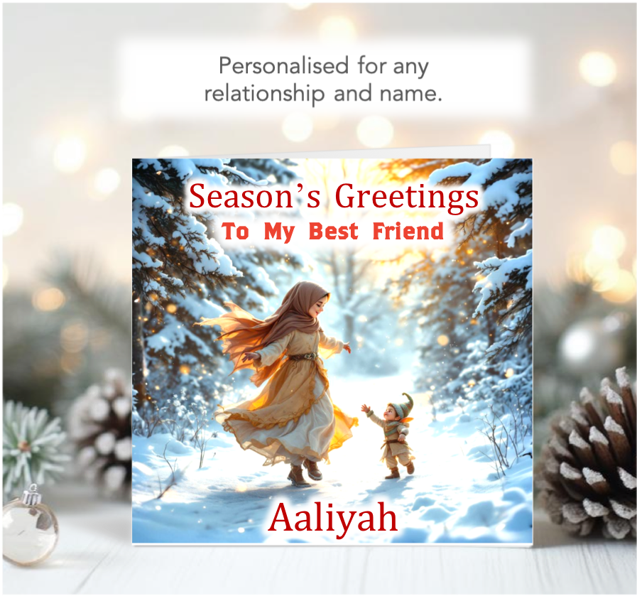 Personalised Season's Greetings Card - Young Girl dancing with Elf